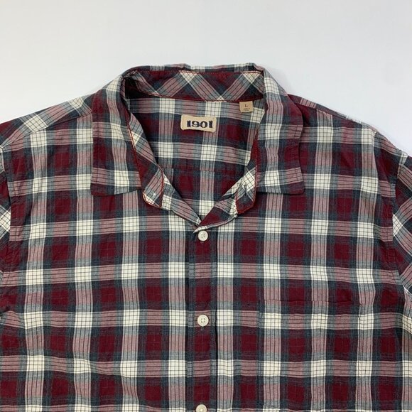 1901 Shirt Mens L Large Gray Crimson Cotton Check Button Up Long Sleeve Pocket - Picture 4 of 11